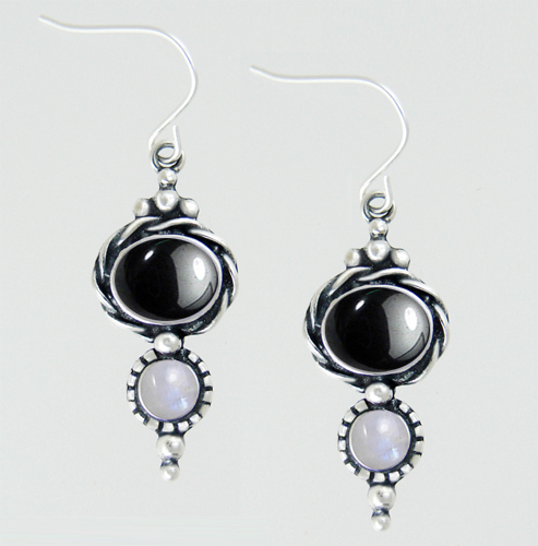 Sterling Silver Drop Dangle Earrings With Hematite And Rainbow Moonstone